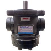 A black cast iron industrial pump with a prominent silver and blue Kompass brand plate on the front, featuring a central shaft protruding from the top and side connection ports.