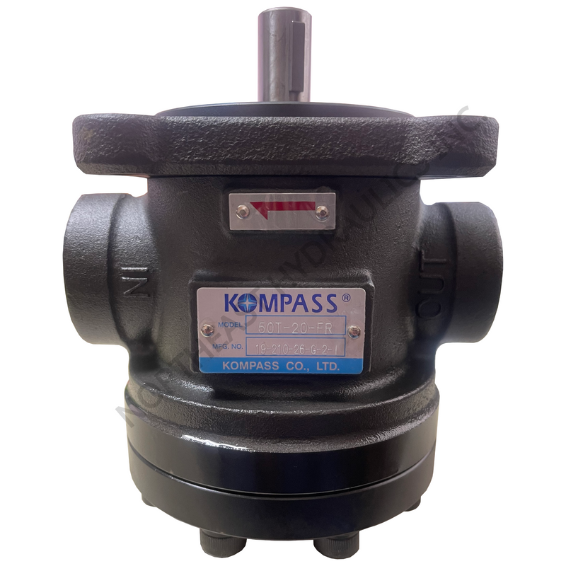 A black cast iron industrial pump with a prominent silver and blue Kompass brand plate on the front, featuring a central shaft protruding from the top and side connection ports.