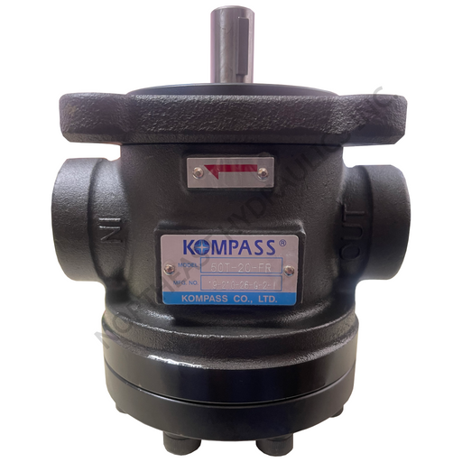 A black cast iron industrial pump with a prominent silver and blue Kompass brand plate on the front, featuring a central shaft protruding from the top and side connection ports.