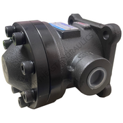 A heavy-duty cast iron hydraulic pump with a black painted finish, featuring multiple threaded connection ports and a blue identification sticker on its side, set against a plain white background.