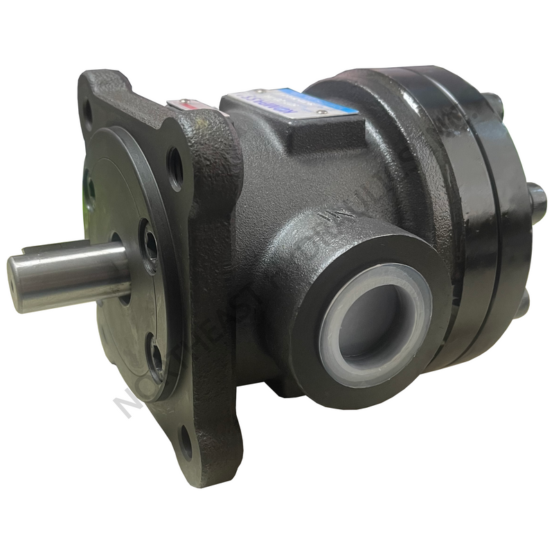 A heavy-duty cast iron hydraulic pump with a black painted finish, featuring a silver metal output shaft and a white rubber seal, shown on a white background.