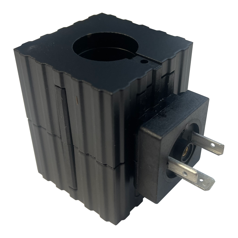 A black, cylindrical 24 VDC DIN cartridge valve coil with metal terminals on one end.