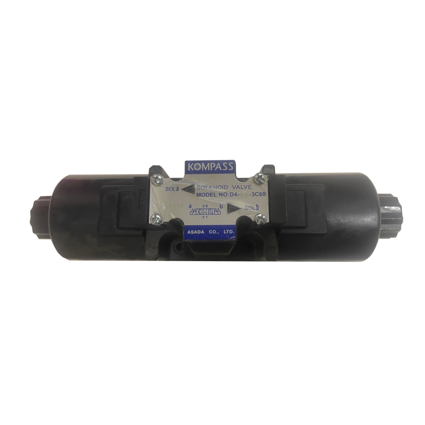 A black four-way/three-position solenoid directional control valve with terminal box electrical connection and indicator lights.