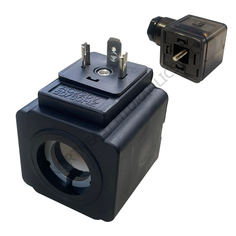 A Kompass Hydraulic D5 D03 style solenoid directional valve coil in 220 VAC with DIN connector. 