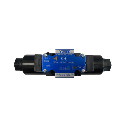 A blue and black Yuken D03 solenoid directional control valve with terminal box type electrical connection.