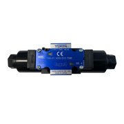 A Yuken DSG-01-3C60-D12-7090 solenoid directional control valve with a terminal box type electrical connection, in blue, black, and silver colors.