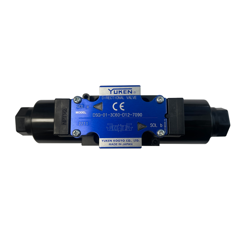 A Yuken DSG-01-3C60-D12-7090 solenoid directional control valve with a terminal box type electrical connection, in blue, black, and silver colors.