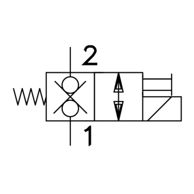 A schematic representation of a solenoid operated cartridge valve showing two ports and indicating a normally closed position.