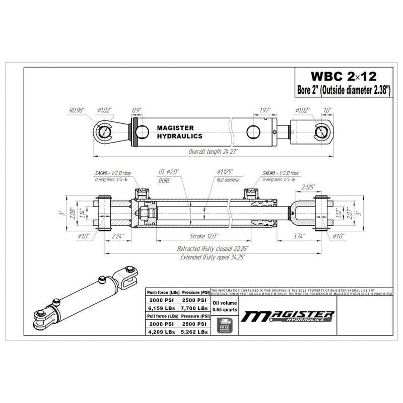 2" Bore X 12" Stroke AG Clevis Hydraulic Cylinder