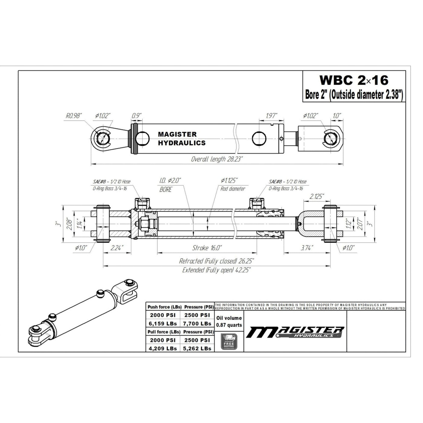 Magister WBC 2x16 Welded Hydraulic Cylinder - Double Acting, 2" Bore, 16" Stroke, Ag Clevis, New