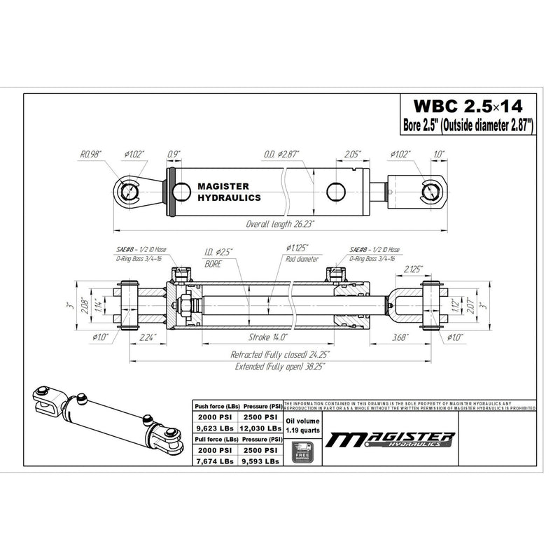 2.5" Bore X 14" Stroke AG Clevis Hydraulic Cylinder