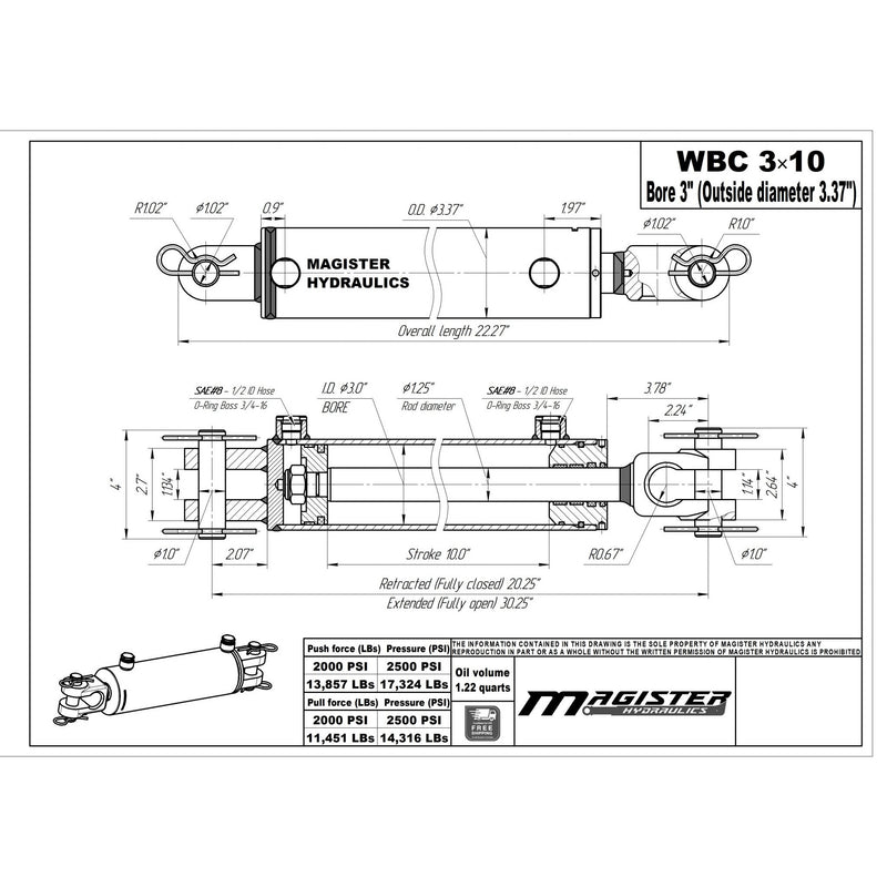 3" Bore X 10" Stroke AG Clevis Hydraulic Cylinder