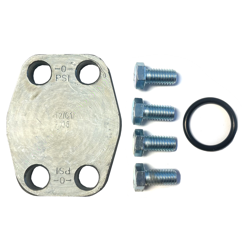 A metal shipping plate with a 3/4 inch dash size, marked with PSI readings, accompanied by four hex head mounting bolts and one nitrile O-ring.