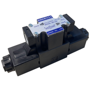 A black hydraulic solenoid directional control valve with a terminal box on top.