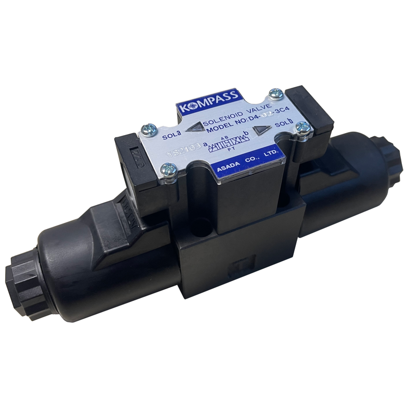 A black D03 solenoid directional control valve with electrical connection terminals visible and marked with 'KOMMPASS HYDRAULICS' and '24 VDC'.