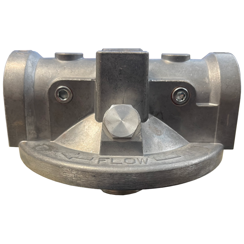 A silver metal Donaldson SP50/60 series filter head designed for fluid conditioning systems and power transmission applications.