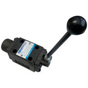 A manual directional control valve with a black body, featuring a ball-type handle on top and a 4-way/3-position spool type valve body.