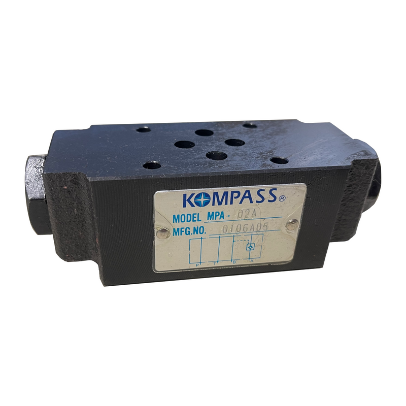 A black hydraulic pilot operated check valve with a Kompass label on the front, including model and manufacturer information.