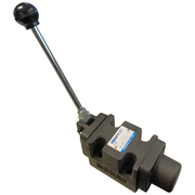 Manual directional control valve with a black and gray body, featuring a spool and a lever handle.