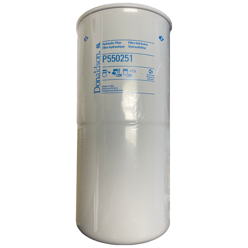 A white Donaldson hydraulic spin-on filter with product information printed on the side.